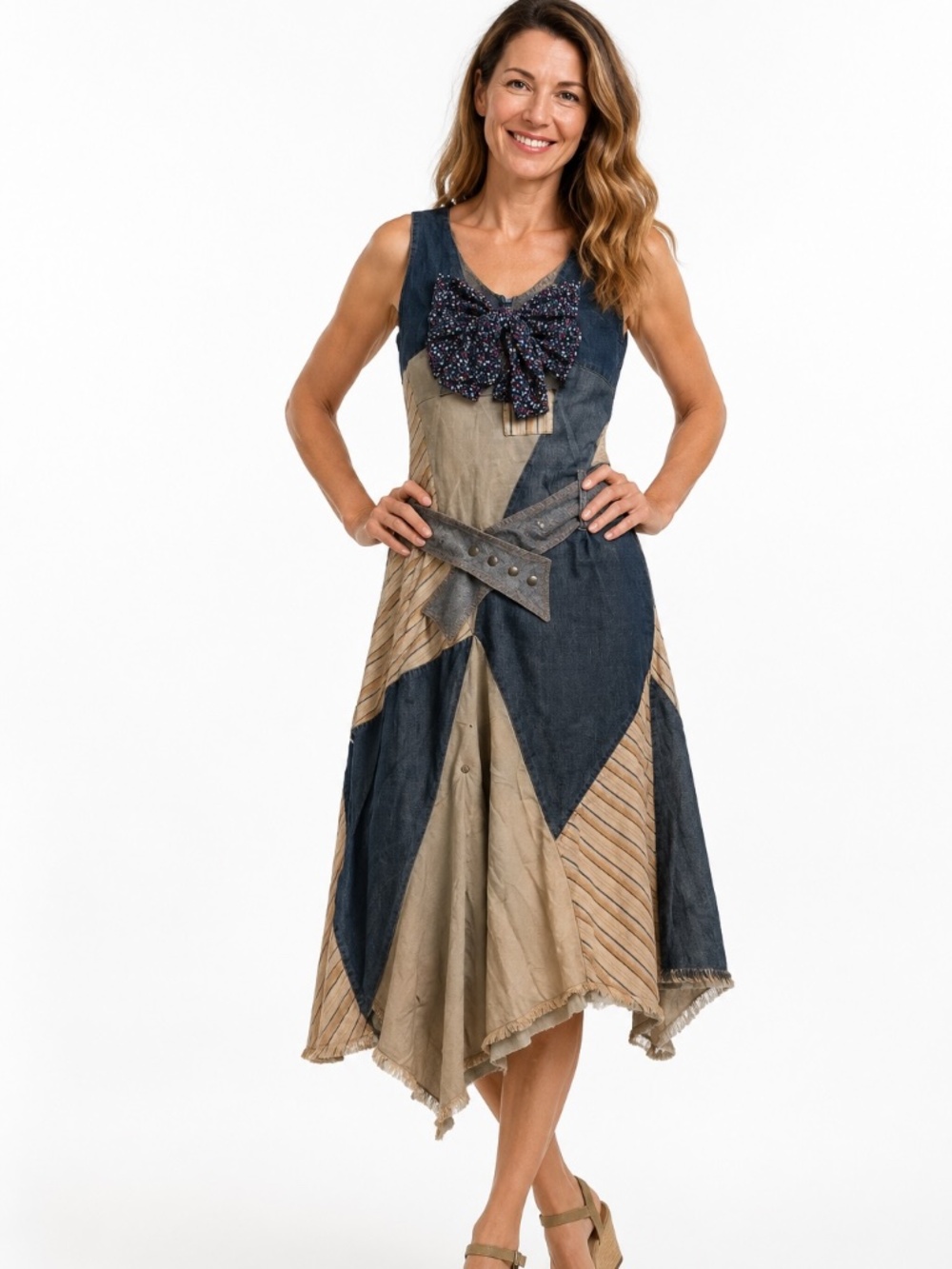 Sigal Dekel Patchwork Asymmetrical Midi Dress with Belt & Floral Bow – Size M